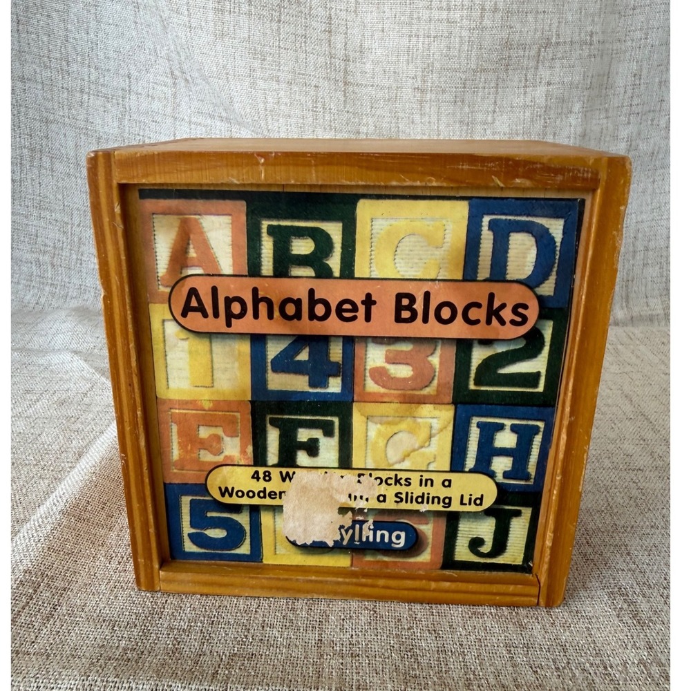 Schylling Alphabet Blocks Kids Multicolor 46 of 48PC Wooden Set Sliding Lid